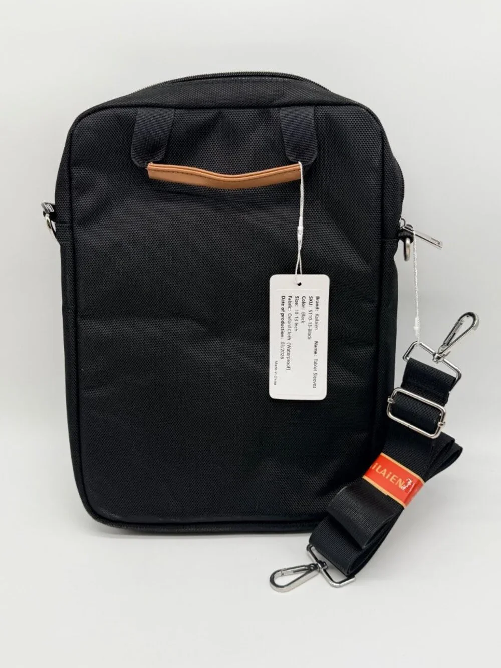Kailaien Black Oxford Cloth Tablet Sleeve Bag with Contrasting Tan Handle